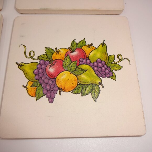 Set of 4 Vintage Sandstone & Cork Coasters Fruit Grapes Pears Apples Taiwan - Picture 5 of 7